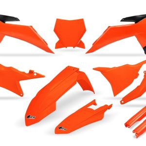 Kit plastiques complet avec protections de fourche UFO – orange fluo